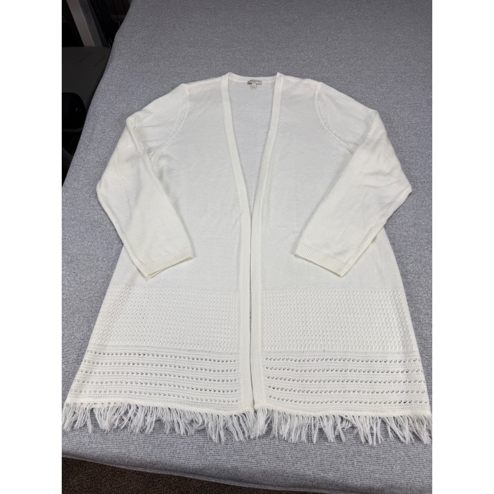 Talbots‎ Womens XL White Open Front Cardigan Fringe Hem Pointelle Knit JO5161